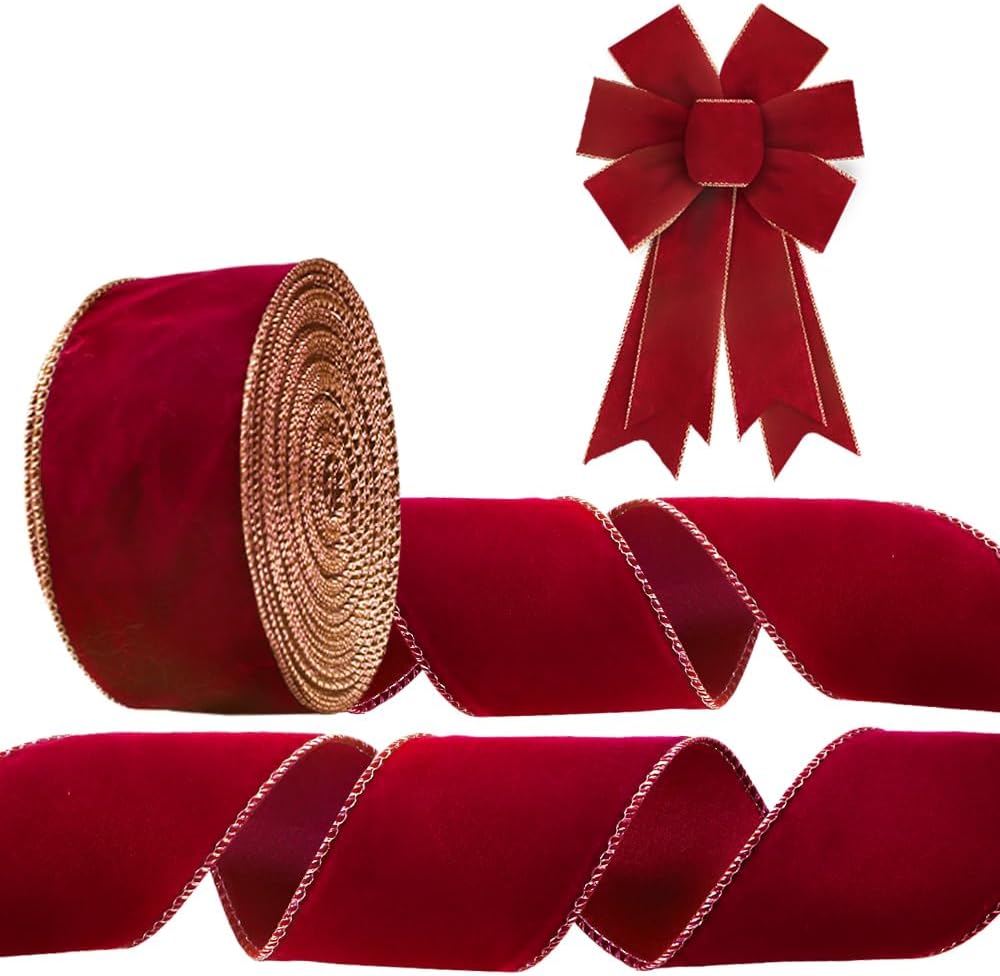 Threetols 10 Yards Burgundy Red Velvet Wired Edge Ribbons - M&M