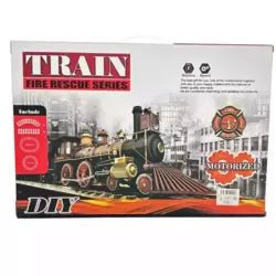 DIY Motorized SOS Fire Rescue Toy Train Playset with Fireman and Helicopter – Red - M&M
