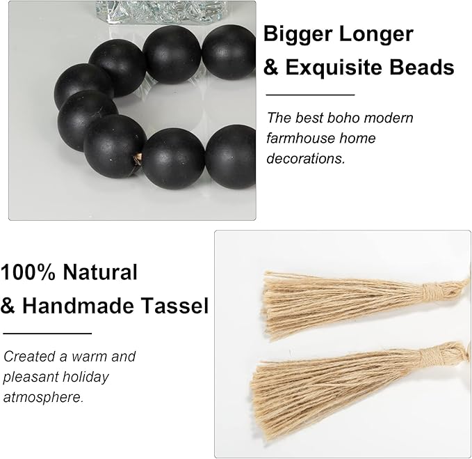 OMISHE Large Wood Bead Garland Black With 1.6" Diameter Wooden Beads and Tassels - M&M