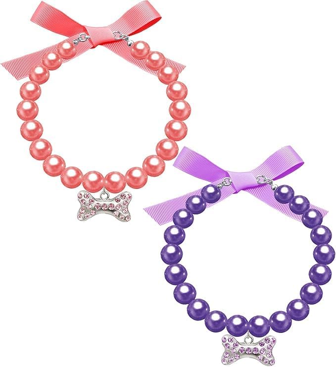2 Pcs Dog Cat Pearl Collar Necklace with Rhinestone Bone - M&M
