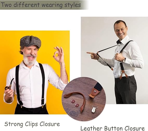 Mens Suspenders, Brown Leather Button Tab and Clip Braces, Heavy Duty - M&M