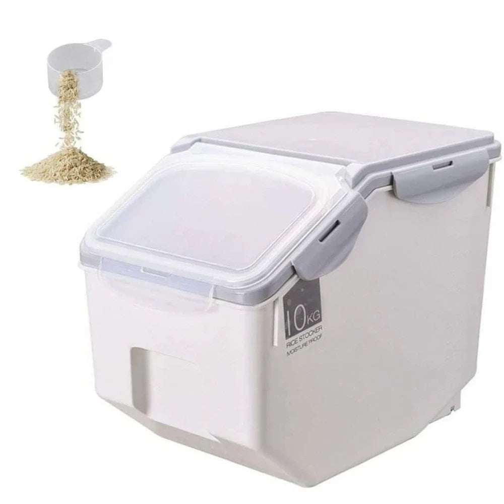 FURN ASPIRE Rice Storage Container, Large Rice Dispenser Airtight Food Rice Bin Household Sealed Cereal Grain Organizer With Lids For Storing Rice, Flour, Dry Fruit And More, Plastic, Pack Of 1,White - M&M