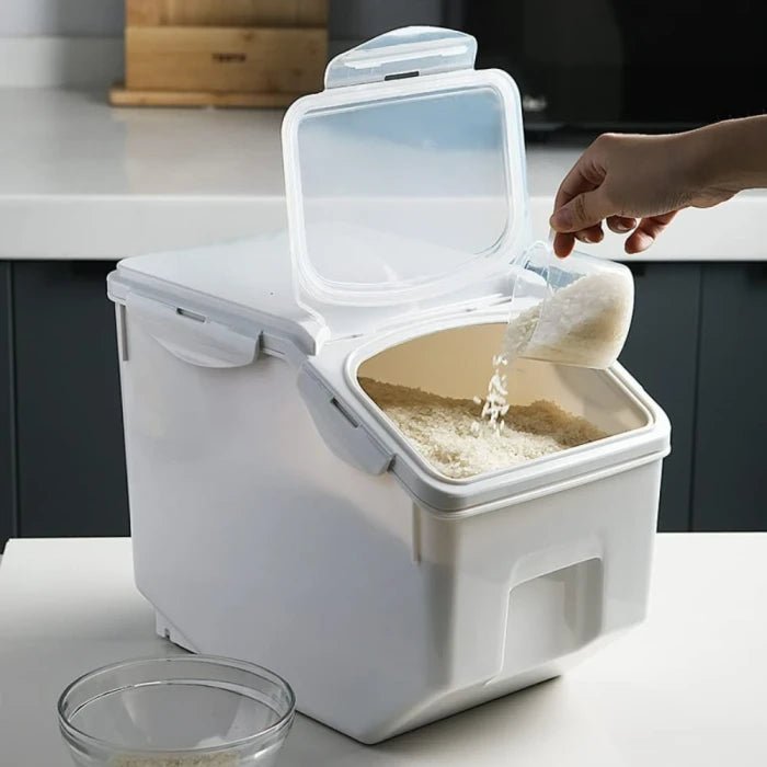 FURN ASPIRE Rice Storage Container, Large Rice Dispenser Airtight Food Rice Bin Household Sealed Cereal Grain Organizer With Lids For Storing Rice, Flour, Dry Fruit And More, Plastic, Pack Of 1,White - M&M