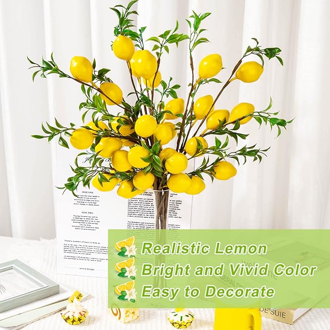 4Pcs Artificial Lemons Branch, Vivid Yellow Fake Lemons Branch with Green - M&M