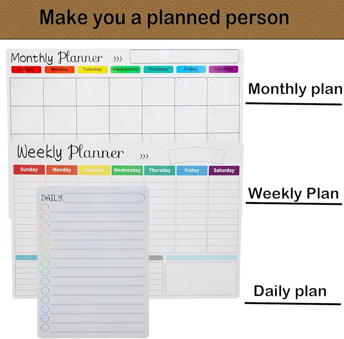 3 - Pack Magnetic Monthly, Weekly & Daily Planners Dry Erase Calendar Set for - M&M