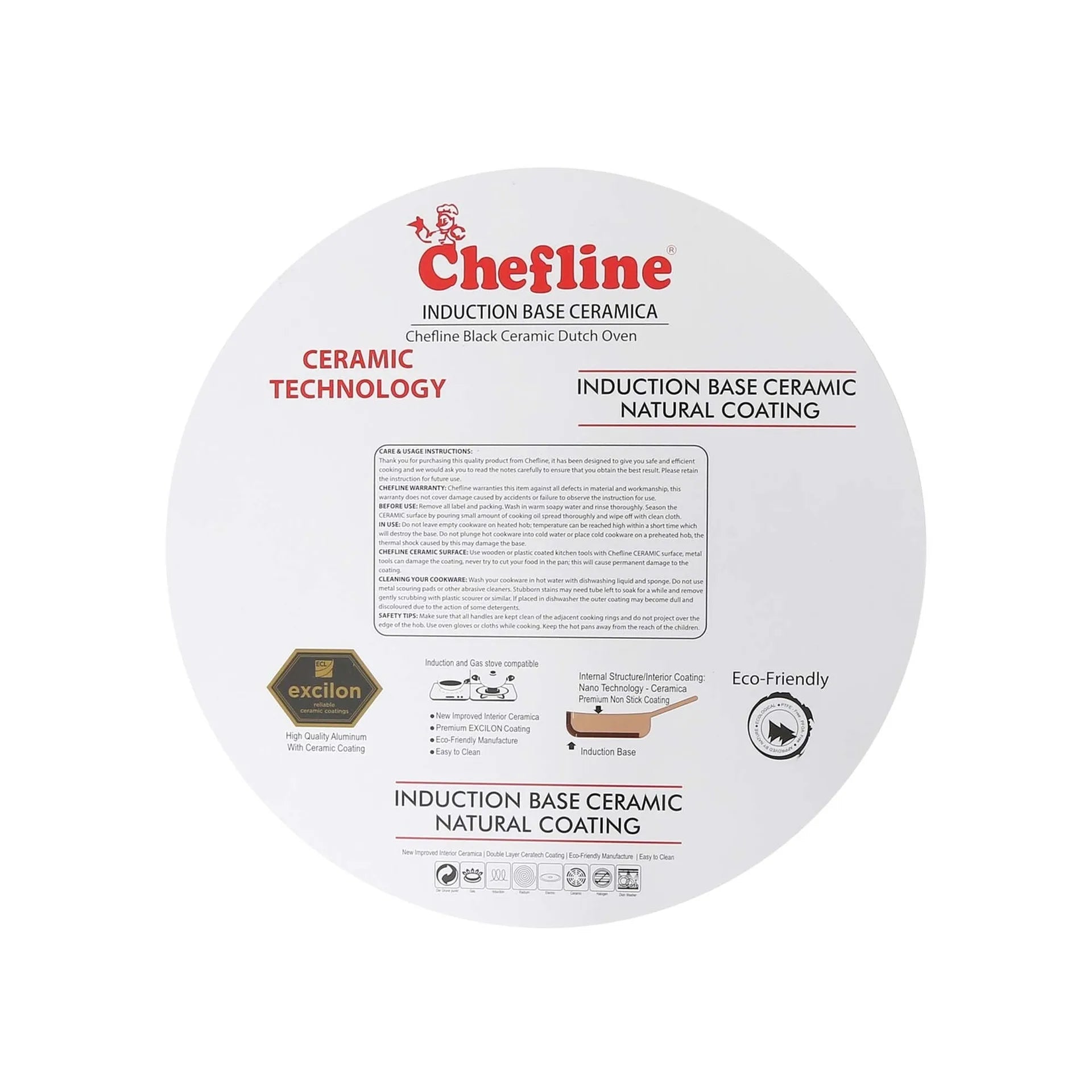 Chefline DZN26 Induction Base Ceramic Natural Coating Dutch Oven, 26 cm, Red - M&M