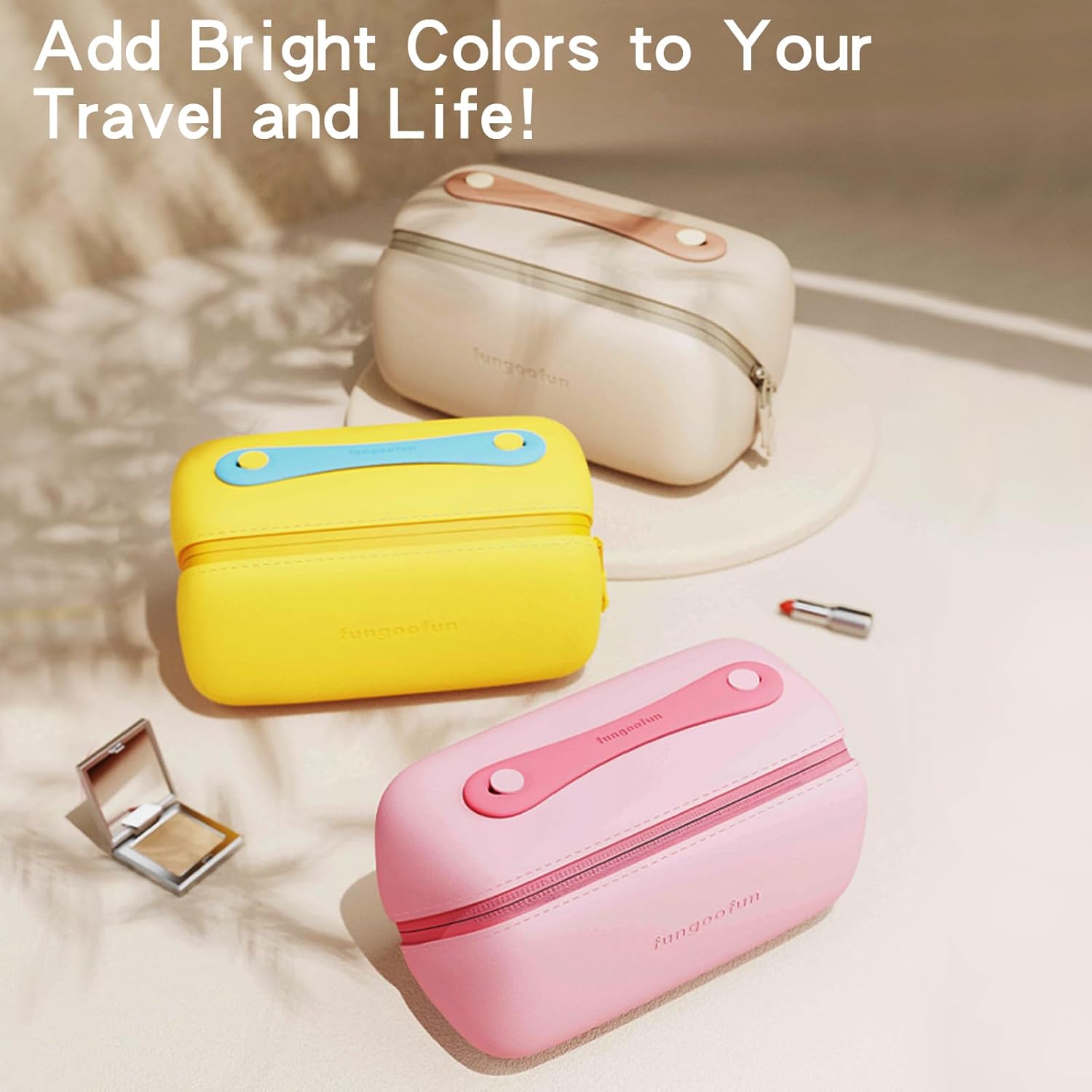 Fungoofun Fashion Portable Travel and Cosmetic Makeup Bag - Stylish Waterproof and Washable EVA Beauty Organizer for Skincare and Toiletries with Durable Handle in Pink - M&M