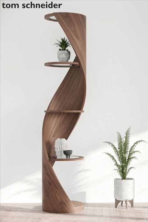Handcrafted Twisted Spiral Tower Shelf – Made to Order | Sculptural Walnut Display Shelf - M&M