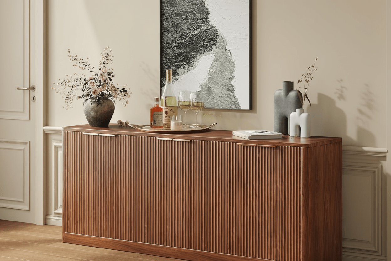 Handcrafted Ribbed Solid Wood Sideboard Cabinet – Made to Order | Walnut Finish - M&M