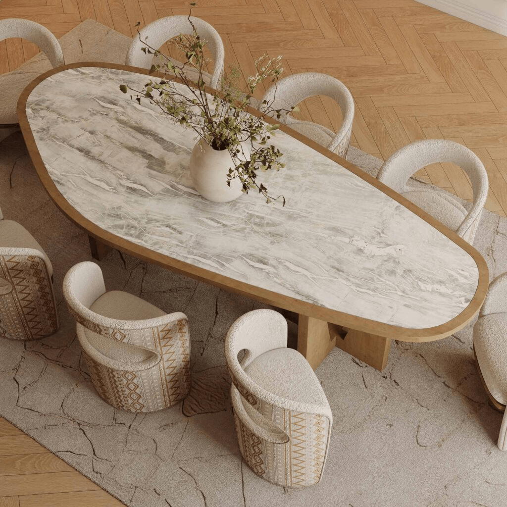 Vega Dining Table – Oval Marble Top & Sculptural Oak Base | طاولة فيغا – سطح رخامي بيضاوي وقاعدة بلوط نحتية - M&M