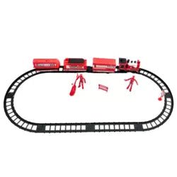 DIY Motorized SOS Fire Rescue Toy Train Playset with Fireman and Helicopter – Red - M&M