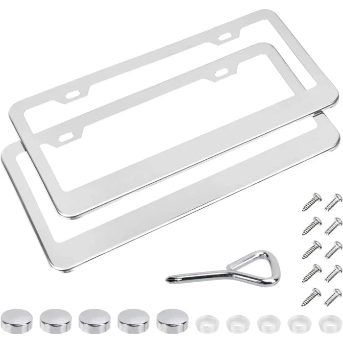 Amazon Basics Stainless Steel License Plate Frame Pair with Screw Caps – 2 - Hole, 12.2” x 6.3”, Silver - M&M