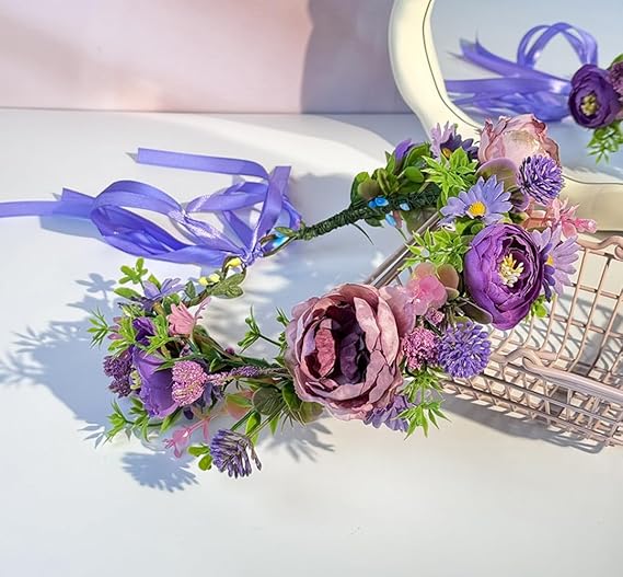 Elandy Boho Flower Headband with Adjustable Ribbon Headpiece Floral Crown - M&M