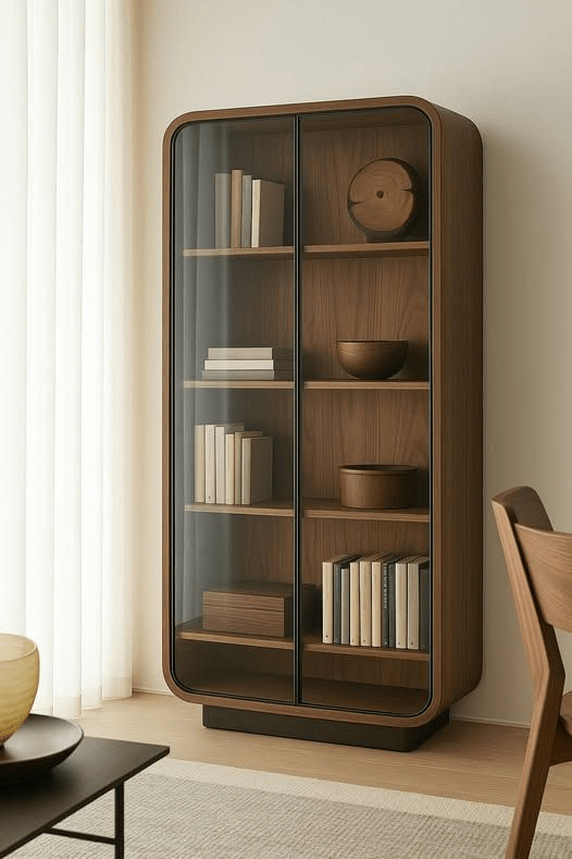 Handcrafted Walnut Glass - Door Bookcase Cabinet – Made to Order | Rounded Display Shelf - M&M