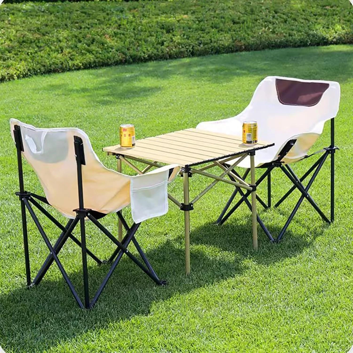 Folding Camping Chair Set of 3 with Table – Lightweight Portable Chairs for Hiking, Fishing, Beach & Picnic, Yellow, with Carry Bag | UAE - M&M