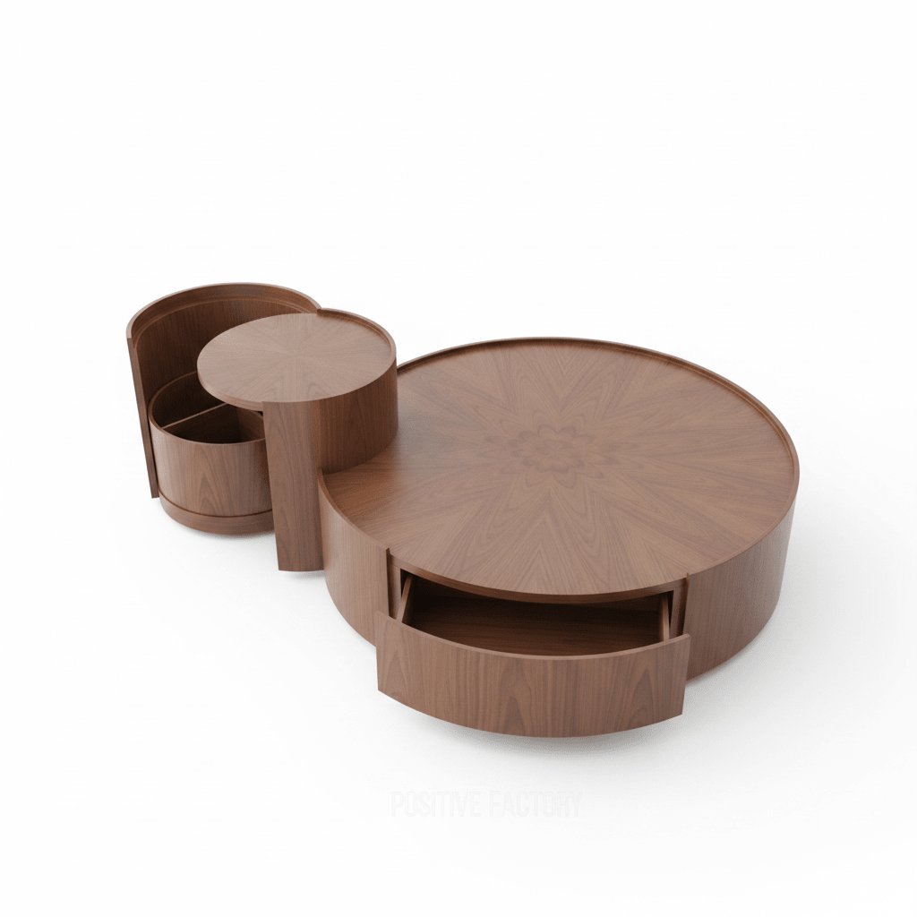 Modular Round Coffee Table Set – Walnut with Hidden Drawers (3 Pieces) | طقم طاولة قهوة دائرية موديولار – جوز الهند مع أدراج مخفية (3 قطع) - M&M