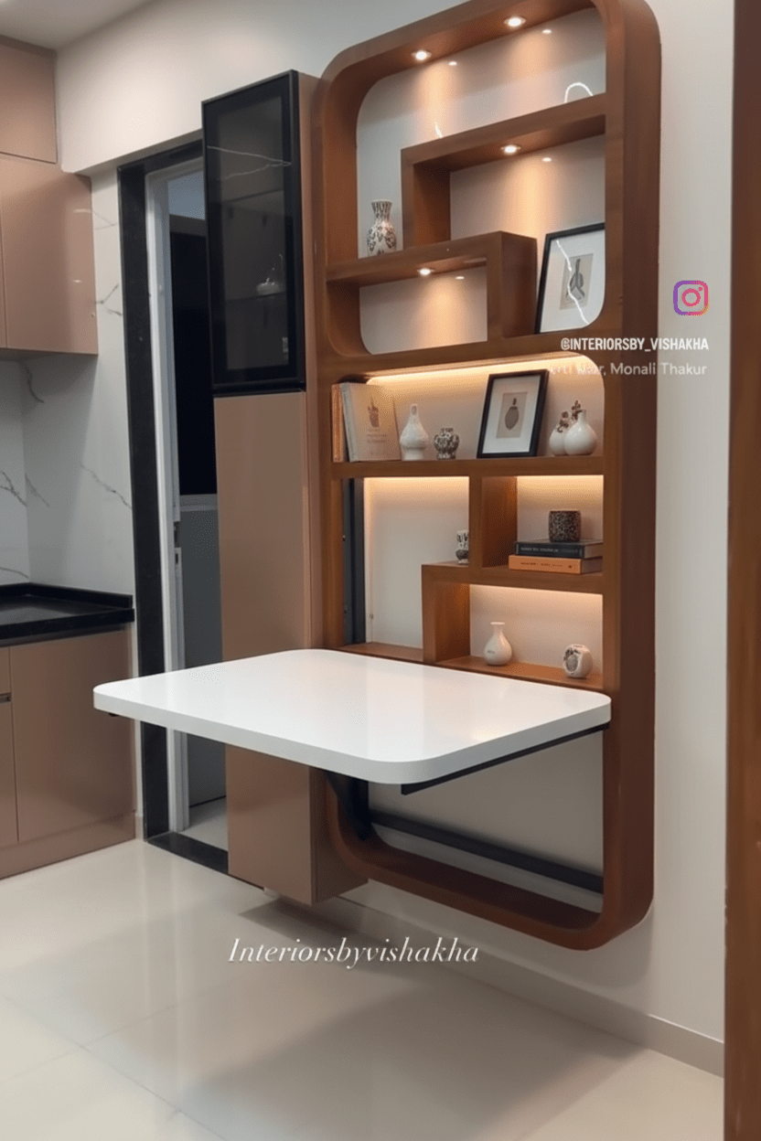 Wall - Mounted Fold - Down Table with Wooden Wall Unit | طاولة قابلة للطي مثبتة على الجدار مع وحدة خشبية - M&M
