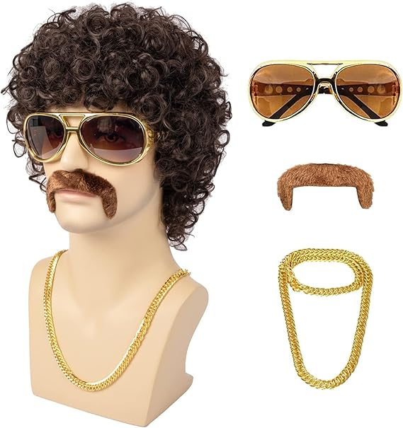 Excefore Men Wigs Short Brown Curly Afro Wig for Men 70s Disco Costume Wig - M&M