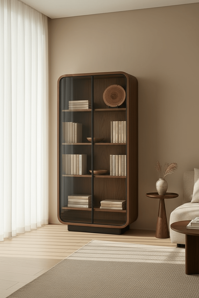 Handcrafted Walnut Glass - Door Bookcase Cabinet – Made to Order | Rounded Display Shelf - M&M