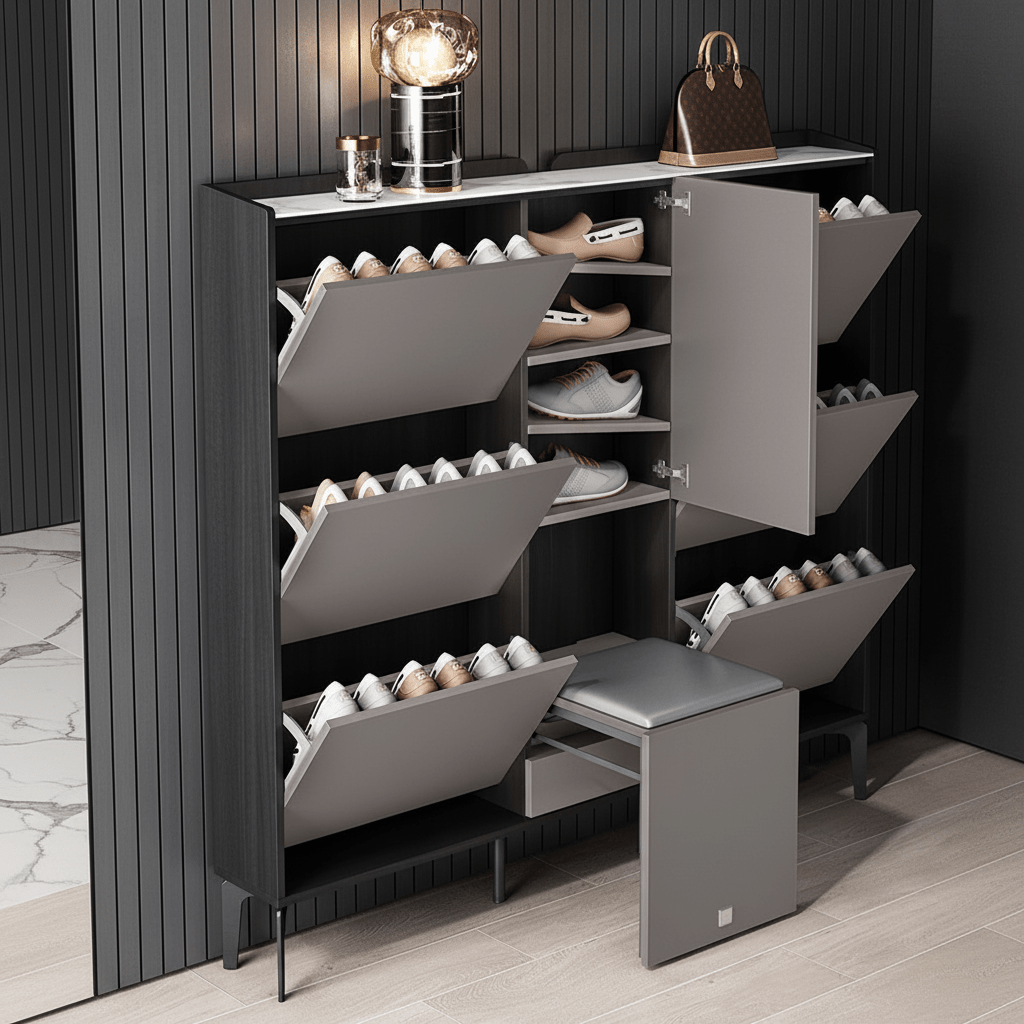 Multi - Tier Flip - Door Shoe Cabinet with Seat | خزانة أحذية متعددة الطوابق بأبواب قلابة ومقعد - M&M