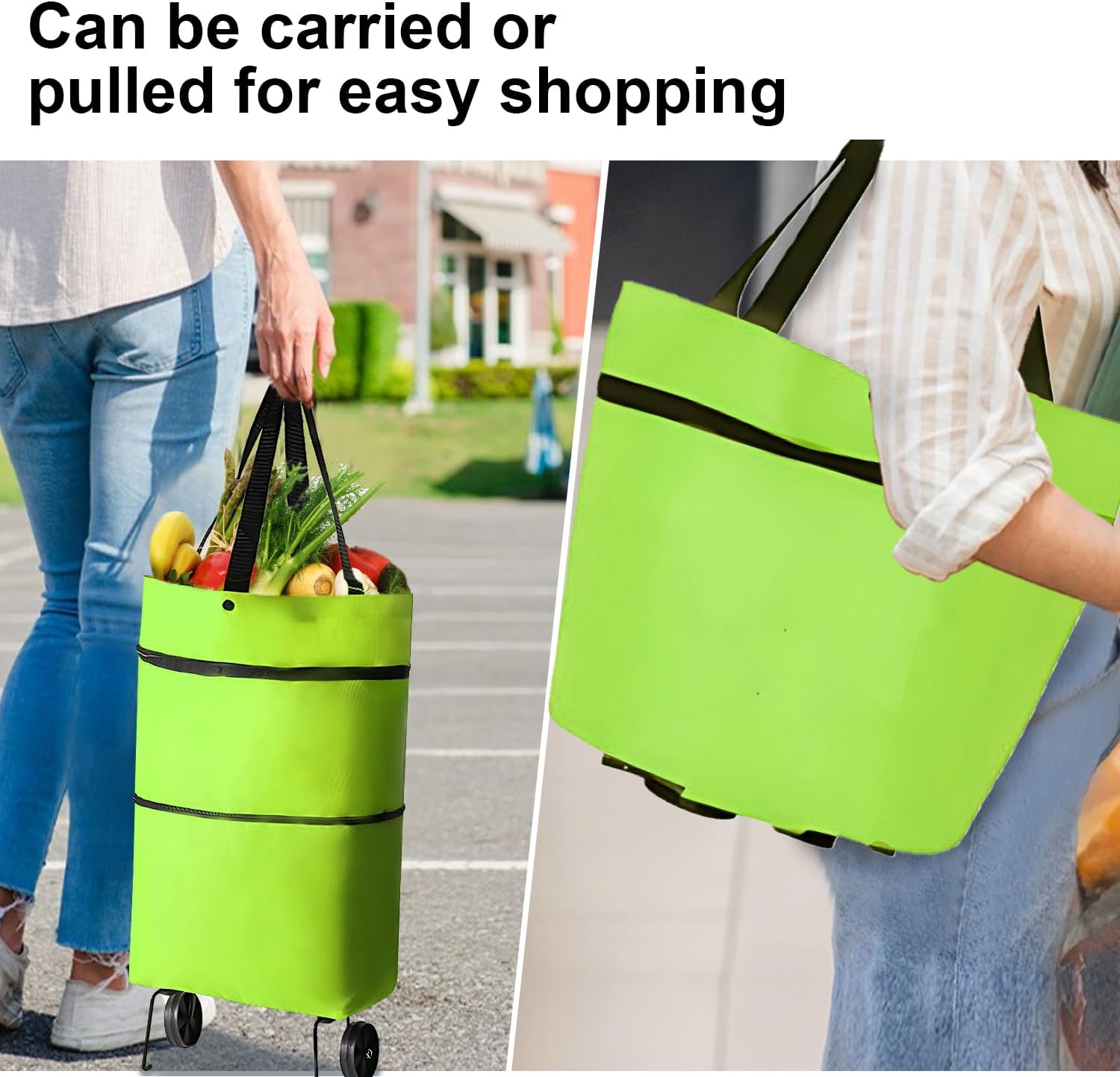 Collapsible Shopping Trolley with Wheels (16 Gallon) – Foldable Grocery Bag & Reusable Cart for Heavy Duty Shopping, Green - M&M