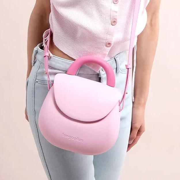 Fungoofun Cute Small Rubber Tote Shoulder Bag with Adjustable Strap - Waterproof and Washable EVA Mini Handbag for Women and Kids in Trendy Pastel Pink - M&M