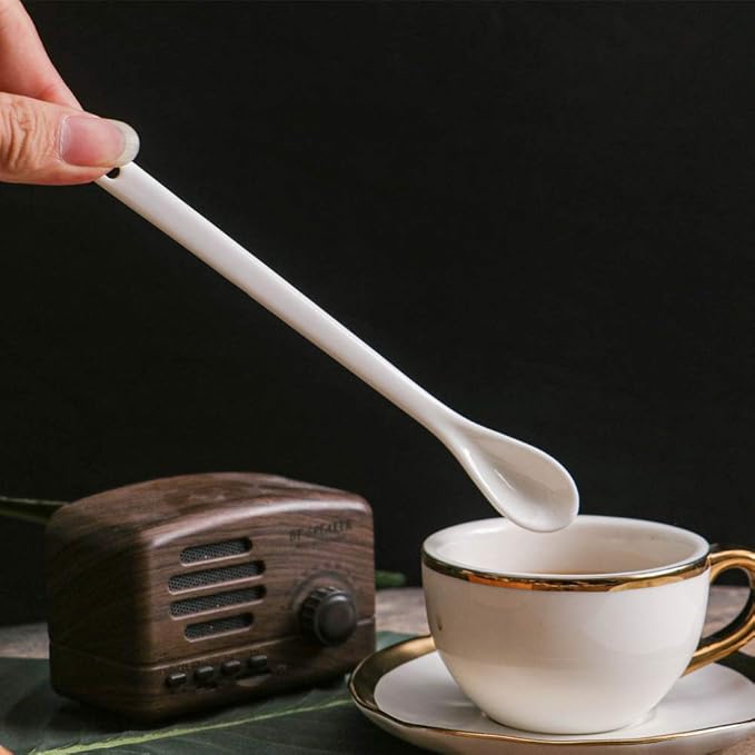 White Long Handle Porcelain Spoons Coffee - M&M