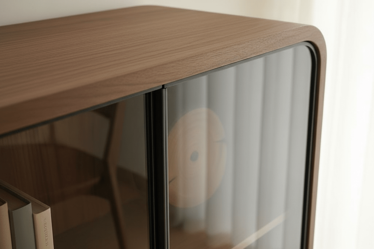 Handcrafted Walnut Glass - Door Bookcase Cabinet – Made to Order | Rounded Display Shelf - M&M