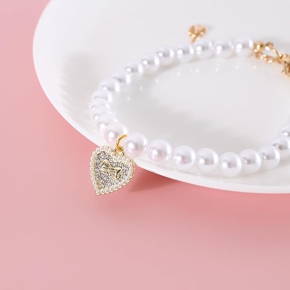 Elegant White Faux Pearl Pet Collar with Heart - Shaped Rhinestone Pendant for - M&M