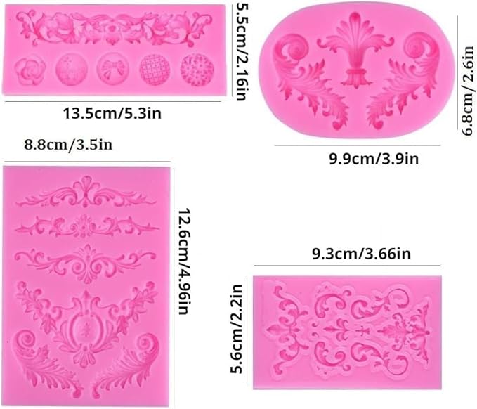 4 Pack Baroque Fondant Molds, Scroll Border Lace Silicone Molds, 3D Relief - M&M