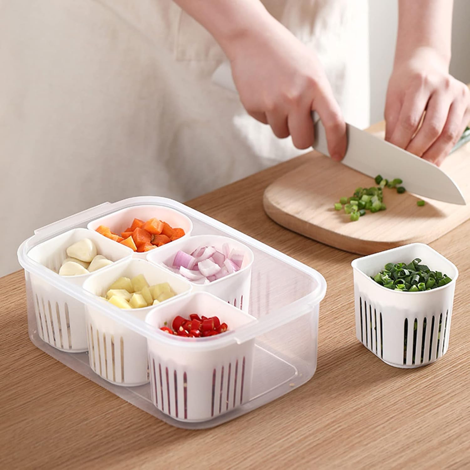 Fofetbfo Vegetable Organizer Box with 6 Removable Drain Baskets – Multi - Compartment Food Storage for Ginger, Garlic & Green Onion - M&M