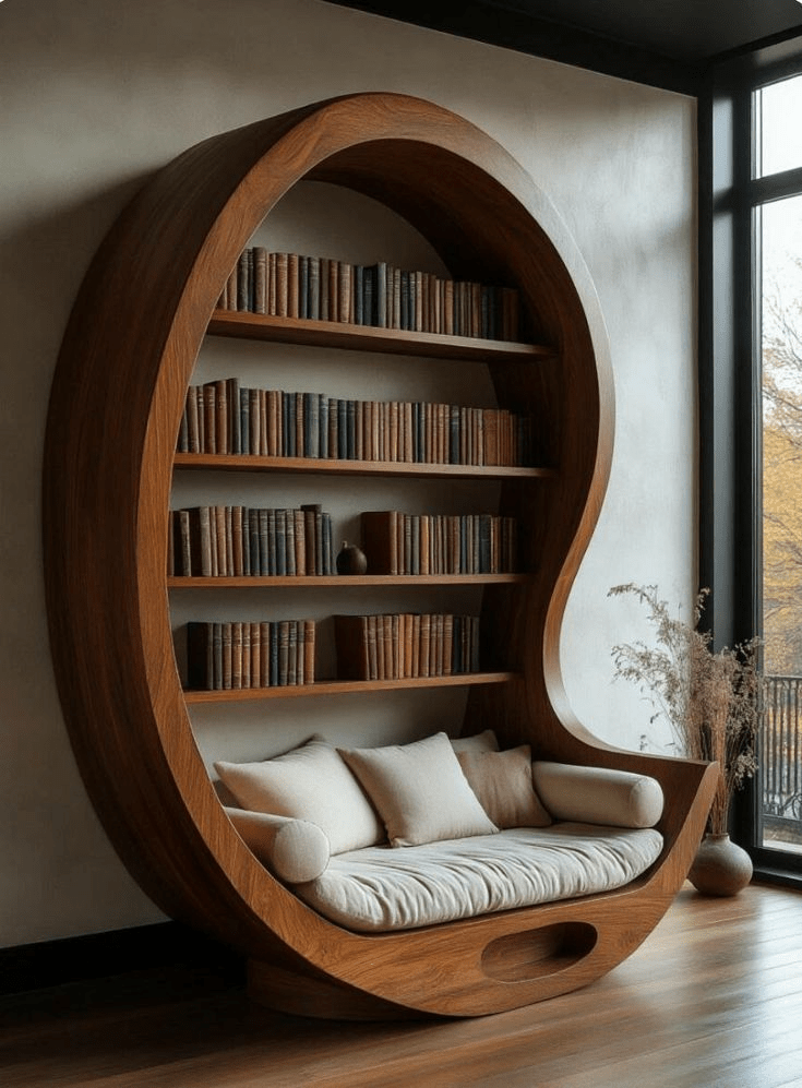 Handcrafted Egg Reading Nook Bookcase – Made to Order | Walnut Oval Bookshelf with Built - in Seat - M&M