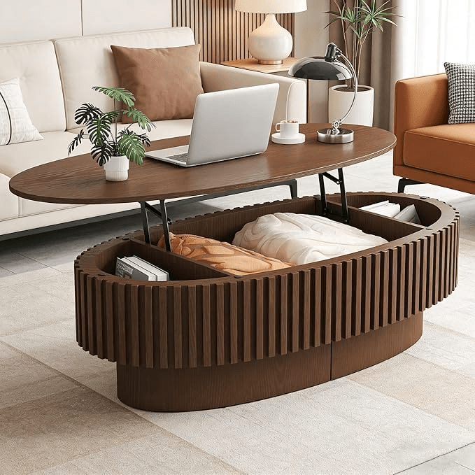 Oval Lift - Top Coffee Table – Fluted Walnut with Hidden Storage | طاولة قهوة بيضاوية بغطاء رافع – جوز مخدّد مع تخزين خفي - M&M