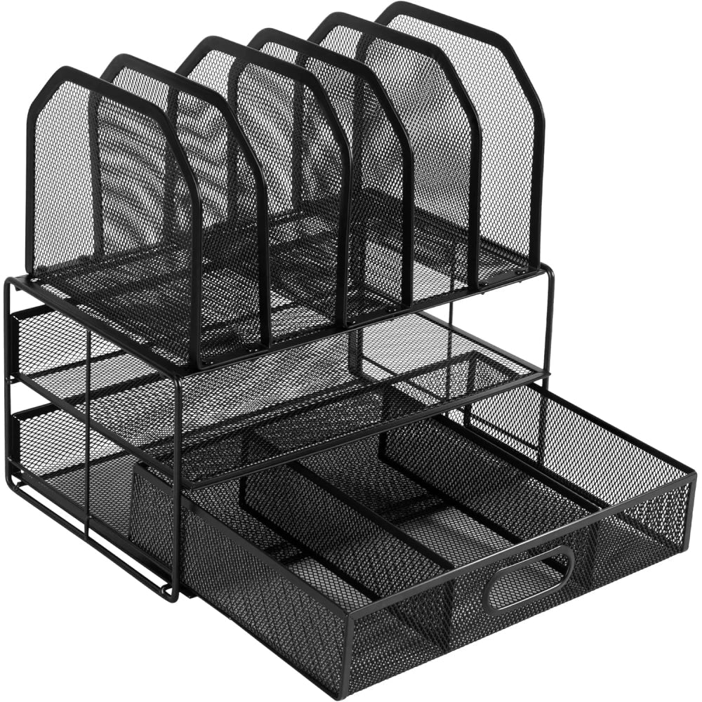 Amazon Basics Mesh Desk Organizer with Sliding Drawer, Double Tray and 5 Upright Sections, Black - M&M