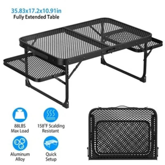 Camping Table with Wing Panels, Folding Short Picnic Table/Outdoor Table with 2 Side Panels, Sturdy Metal Low Table for Sitting, Easy Carry, Waterproof and Heat Resistant - M&M