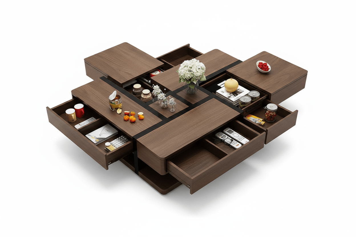 Sliding Storage Coffee Table – Walnut with Hidden Drawers | طاولة قهوة بأدراج منزلقة مخفية – خشب الجوز - M&M