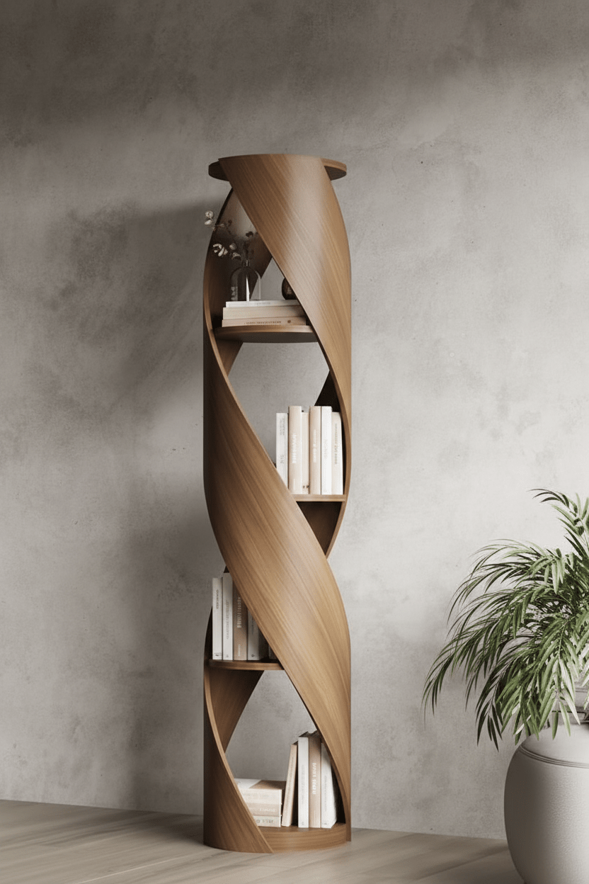 Handcrafted Spiral DNA Helix Bookcase – Made to Order | Sculptural Walnut Tower Shelf - M&M