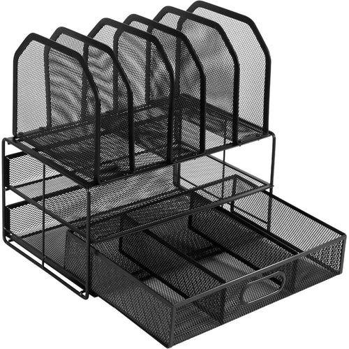 Amazon Basics Mesh Desk Organizer with Sliding Drawer, Double Tray and 5 Upright Sections, Black - M&M