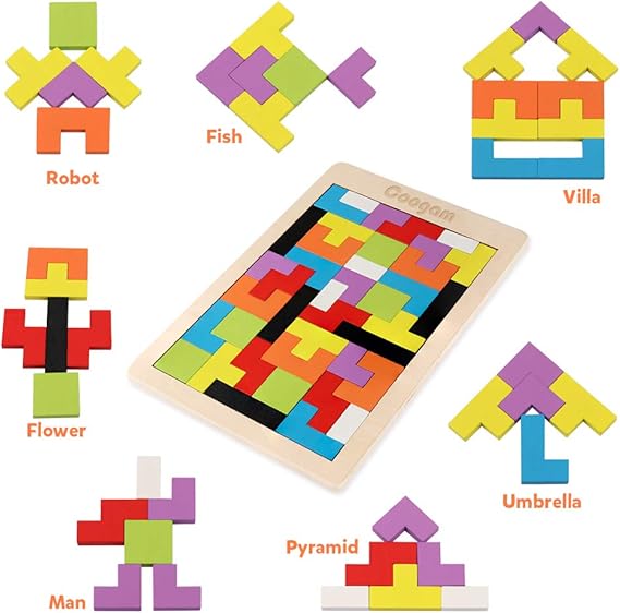 Coogam Wooden Tetris Puzzle Brain Teasers Toy Tangram Jigsaw Intelligence - M&M