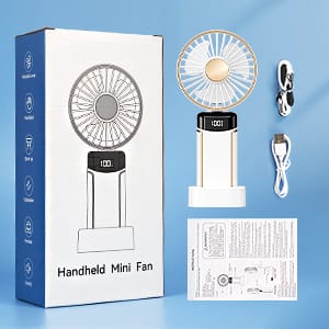 Portable Handheld Cooling Fan Hanging Neck Fan – Foldable Personal Electric Desk Fan with Lanyard, Digital Display, USB Rechargeable 5000mAh, 5 Wind Speeds, White