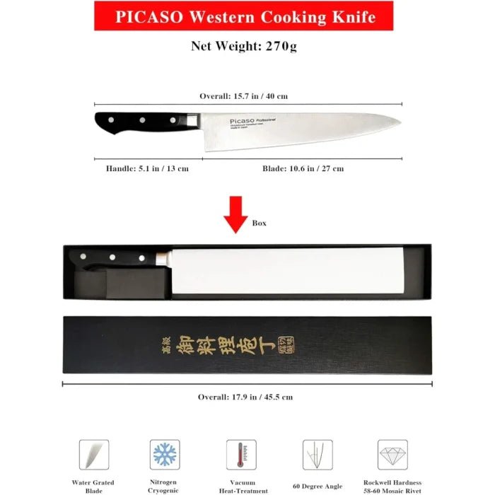 PICASO 10.6" Professional Western Chef Knife – Japanese Molybdenum Vanadium Steel, Ultra - Sharp Forged Cook's Knife with Ergonomic Handle & Sheath | Home Kitchen - M&M