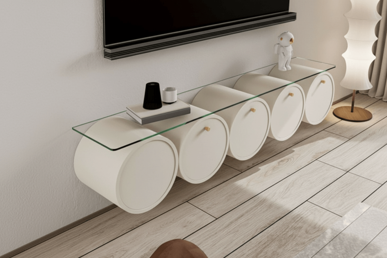 Cylindrical Drum TV Console – White with Glass Top & Gold Handles | وحدة تلفزيون أسطوانية – أبيض بسطح زجاجي ومقابض ذهبية - M&M