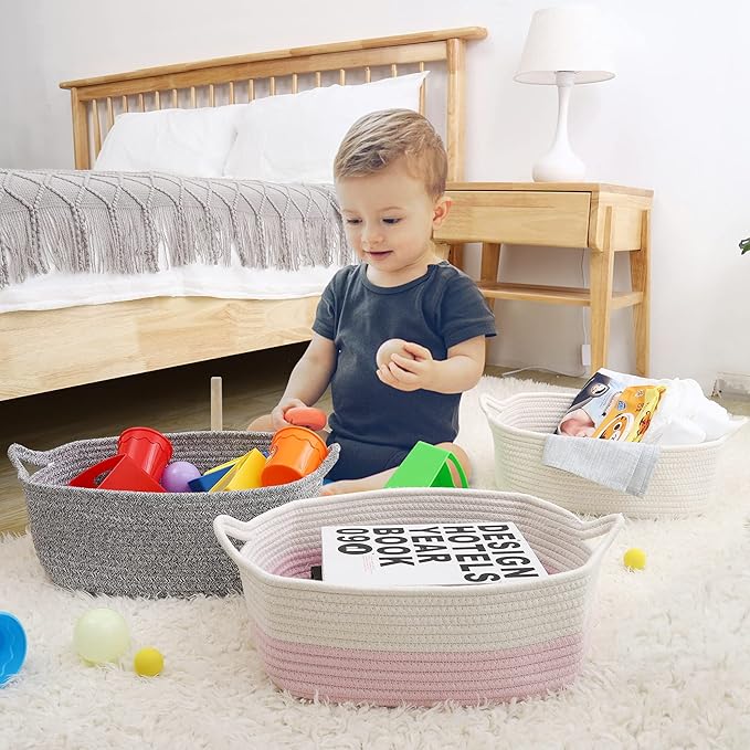 ABenkle Rope Storage Basket, Cotton Woven Pink Baby Girl Basket, Cube Soft - M&M