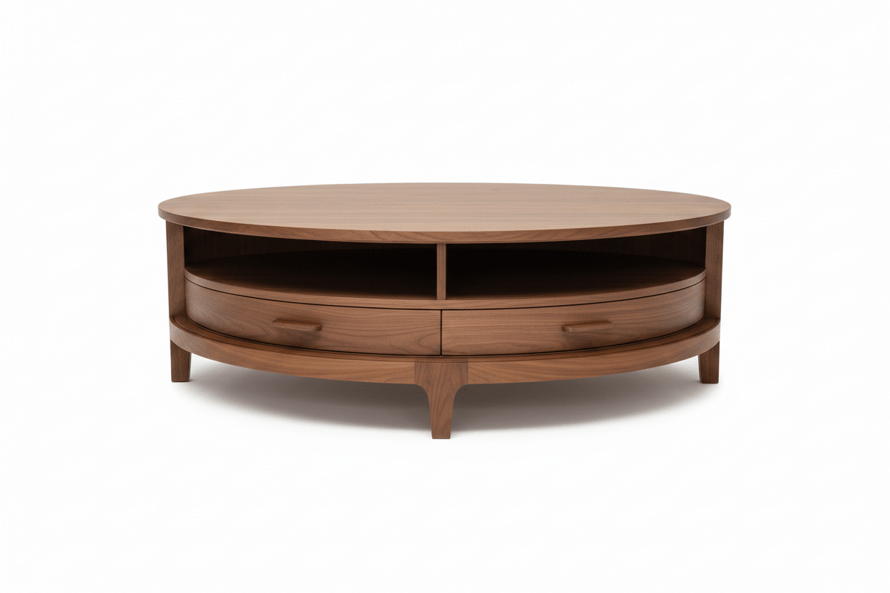 Round Walnut Coffee Table with Open Shelves & Drawers | طاولة قهوة دائرية بخشب الجوز مع رفوف مفتوحة وأدراج - M&M