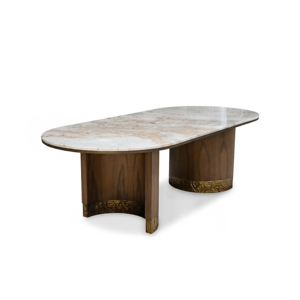 Petra Dining Table – Marble & Walnut with Gold Base | طاولة بيترا – رخام وجوز مع قاعدة ذهبية - M&M