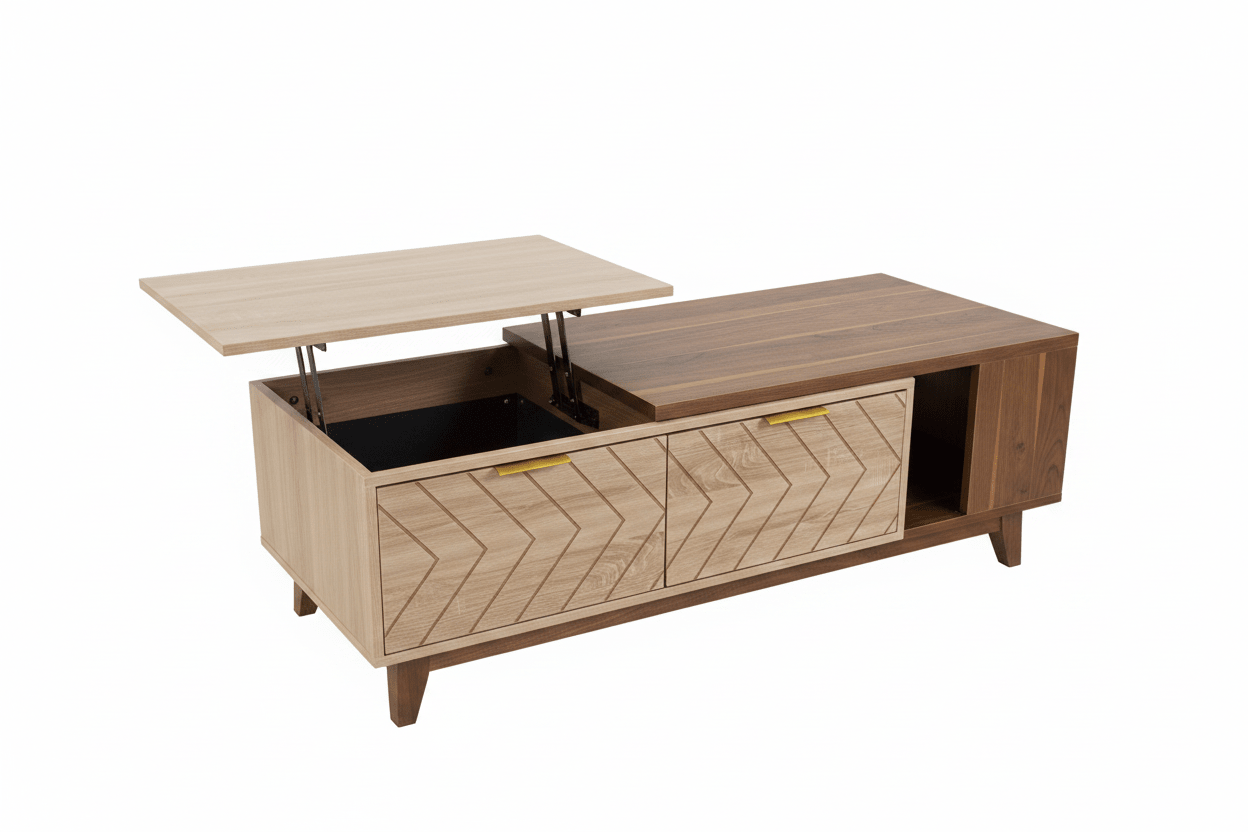 Lift - Top Coffee Table – Walnut Chevron with Gold Handles | طاولة قهوة بغطاء رافع – شيفرون جوز الهند مع مقابض ذهبية - M&M