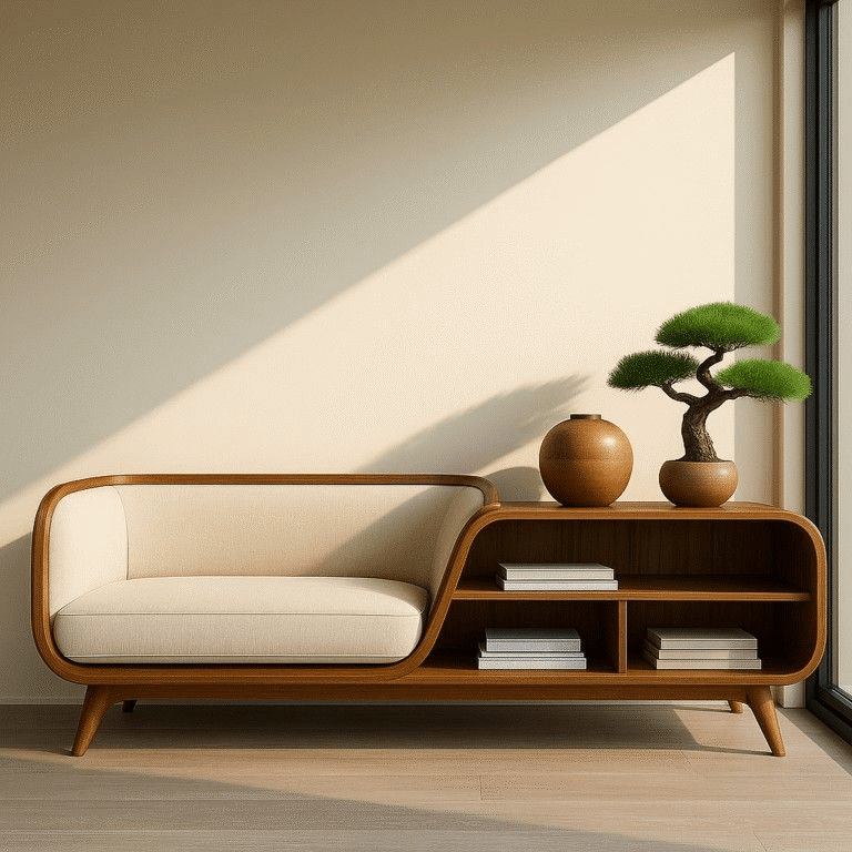 Handcrafted Mid - Century Sofa with Built - in Bookshelf – Made to Order | Walnut & Cream - M&M
