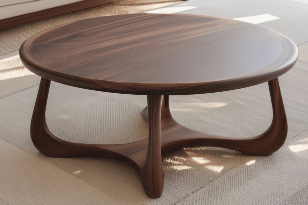 Handcrafted Sculptural Round Walnut Coffee Table – Made to Order | Organic Three - Leg Base - M&M