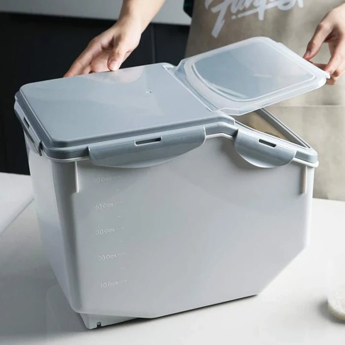FURN ASPIRE Rice Storage Container, Large Rice Dispenser Airtight Food Rice Bin Household Sealed Cereal Grain Organizer With Lids For Storing Rice, Flour, Dry Fruit And More, Plastic, Pack Of 1,White - M&M