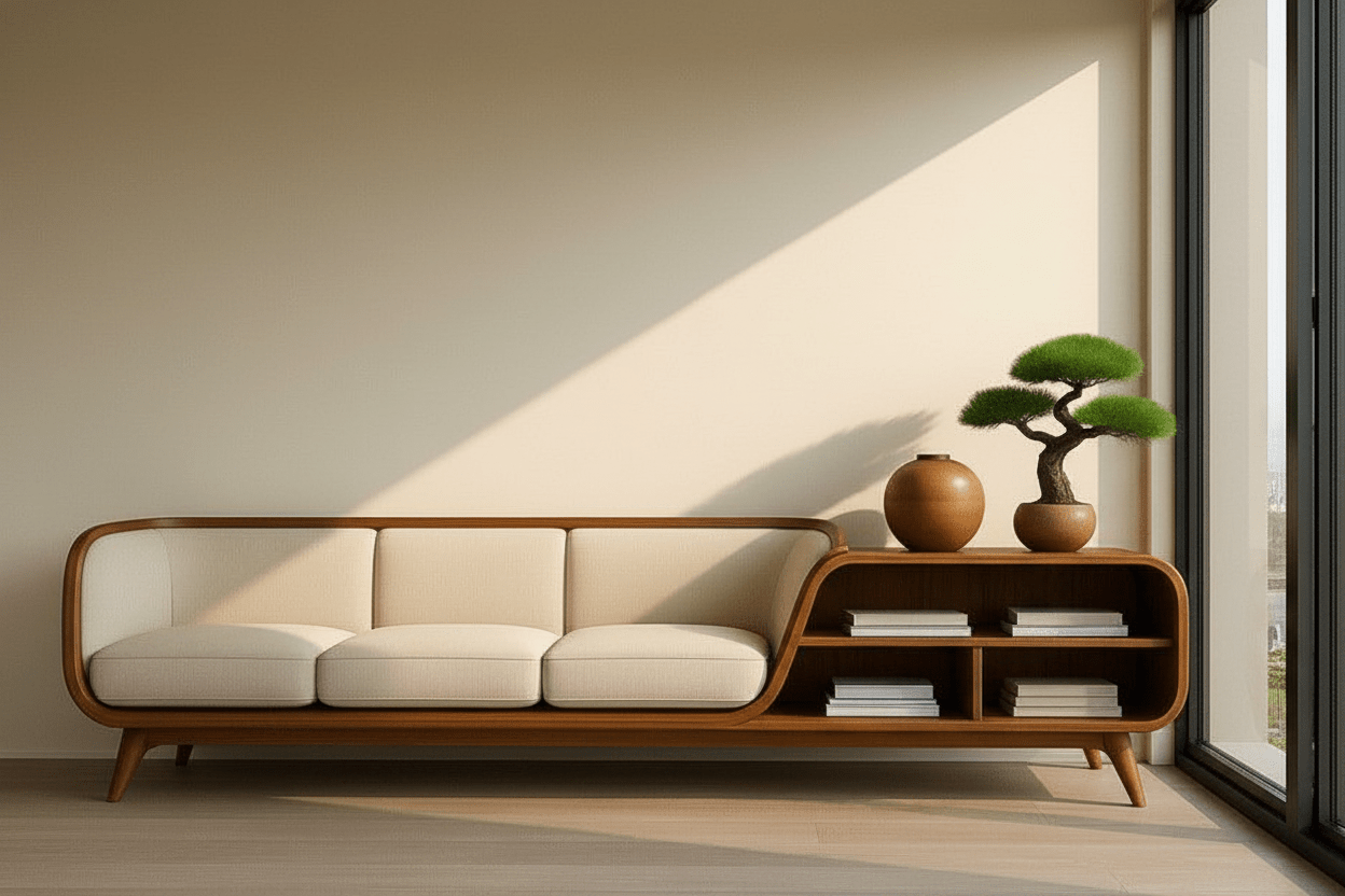 Handcrafted Mid - Century Sofa with Built - in Bookshelf – Made to Order | Walnut & Cream - M&M